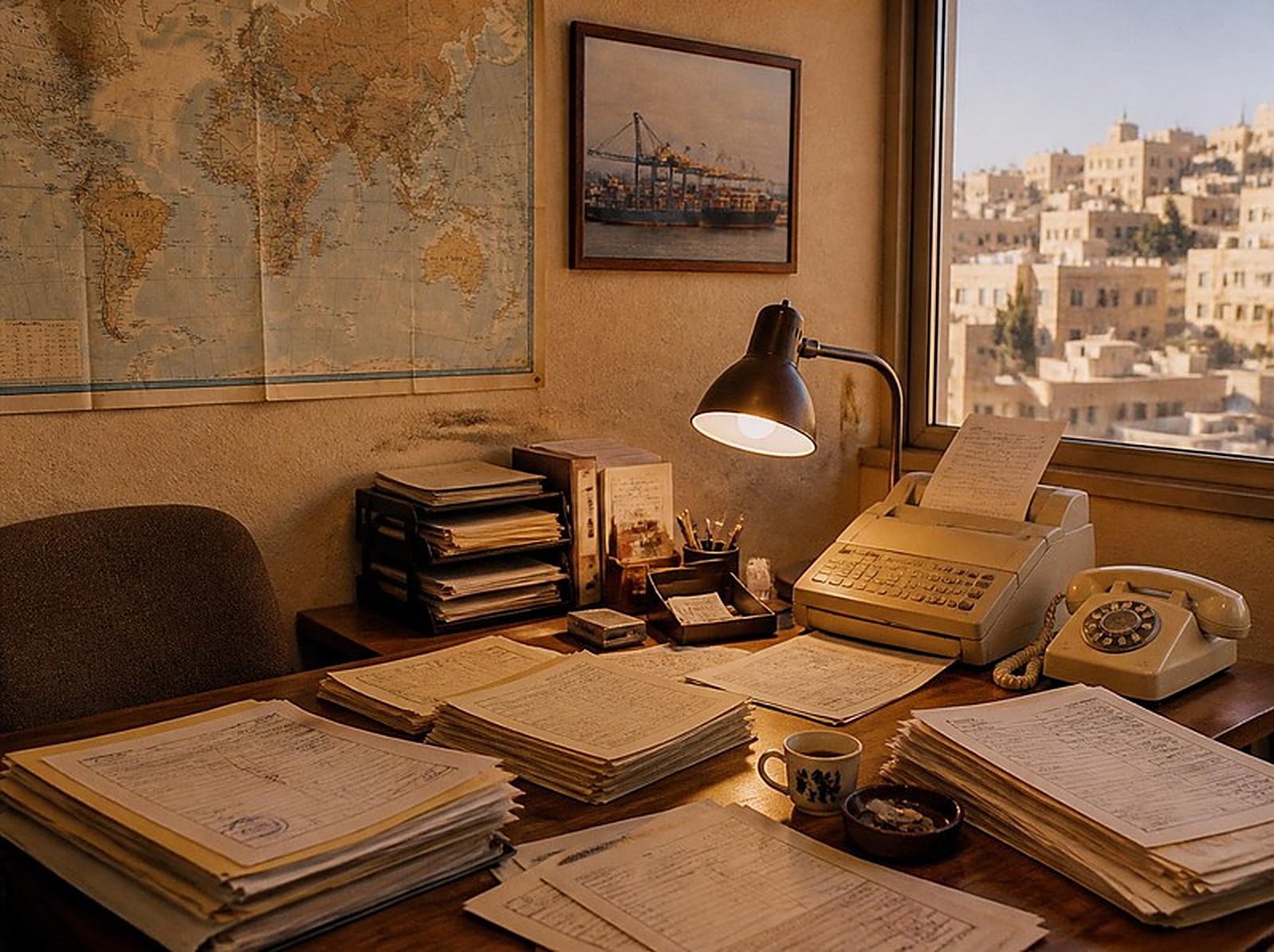 A freight office desk with shipping files, a fax machine and a world map